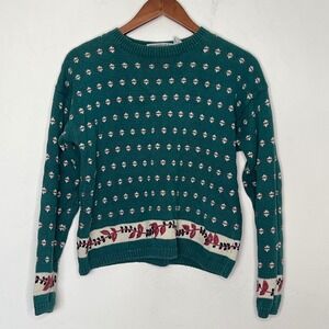 Vintage Cape Isle Knitters Embroidered Floral Sweater Green Ramie Cotton Small